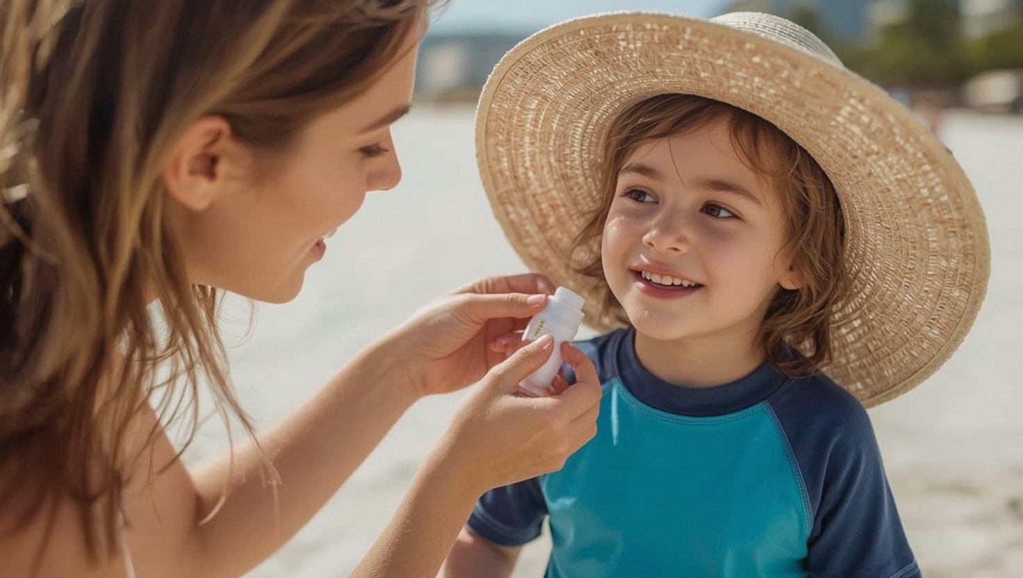 Mutter cremt Kind mit Sonnenhut und UV-Shirt am Strand mit Sonnencreme ein